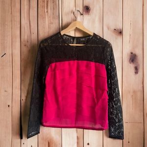 #57 Nicole Miller long sleeve lace pink/black blouse